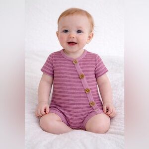 Rabbit Bear Baby Girl Pink Stripe Button Short Sleeve Onesie | Size 6-9 M